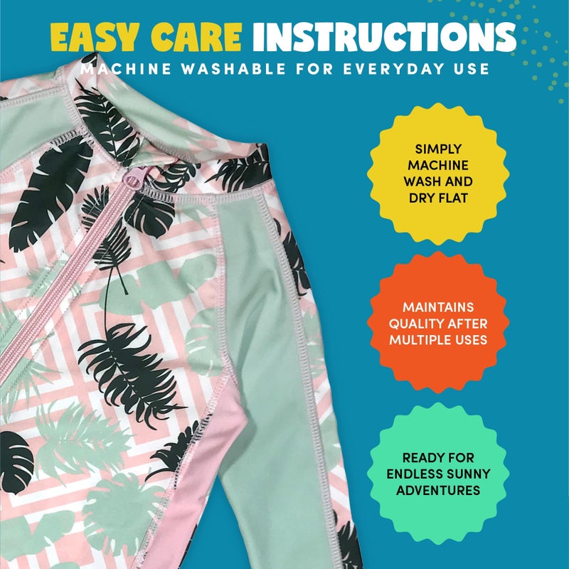 SwimZip Little Girl Long Sleeve Sunsuit with UPF 50 Sun Protection,Palm,0-6 Month - Image 3